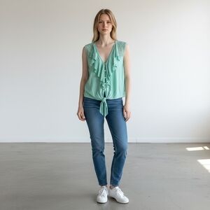 IRIS Basic 3X Mint Green Ruffle Tie Front Lace Back Sleeveless Blouse NWT